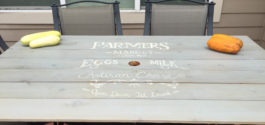 Replaced Broken Glass Patio Tabletop with Farmers Market Sign