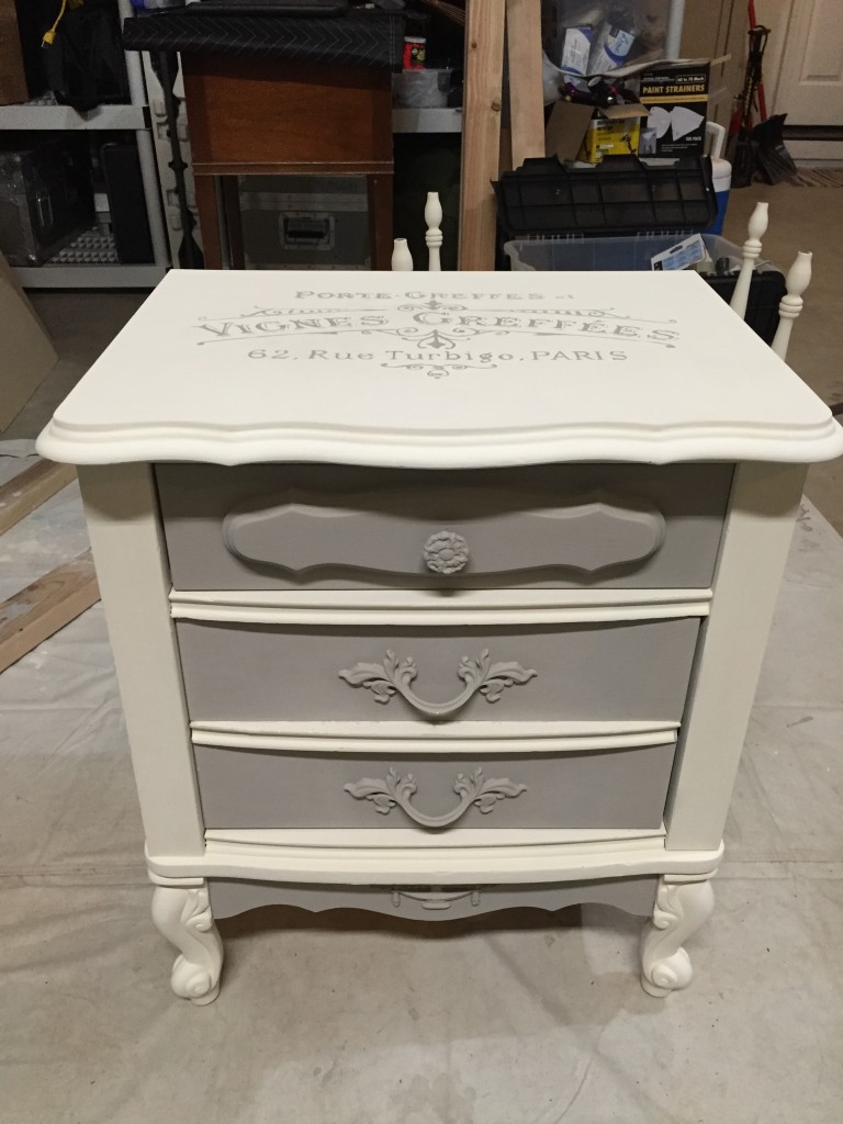 French Provincial nightstand update with Annie Sloan chalk paint and Graphics Fairy furniture transfer