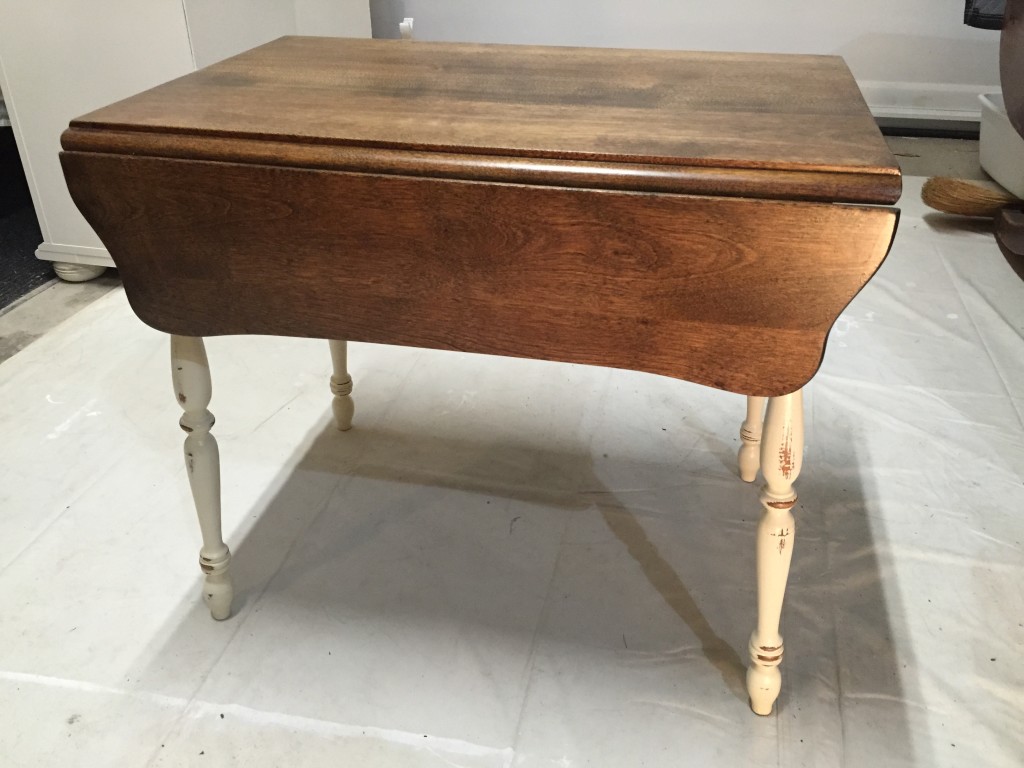 Vintage drop leaf table after painting/distressing in Old White ASCP and refinishing top in Dark Walnut MinWax Stain