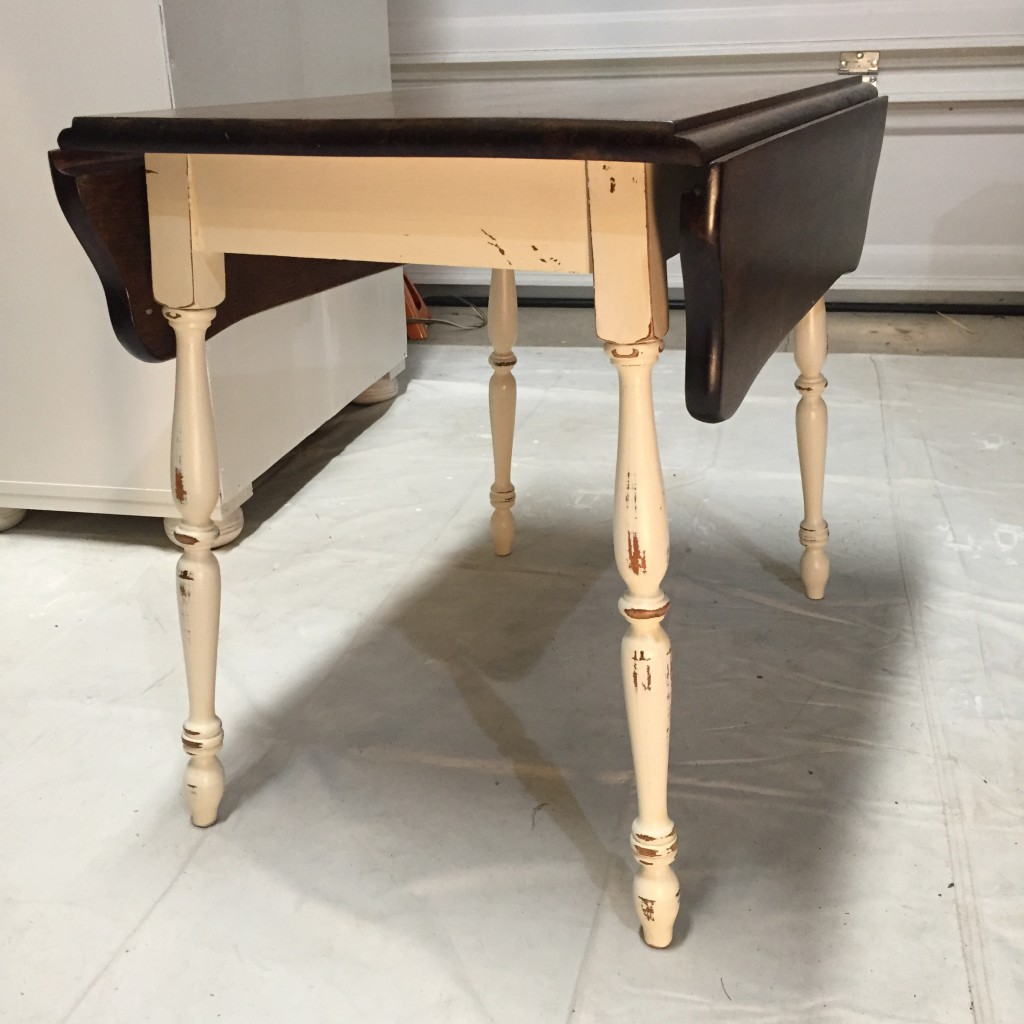 Vintage drop leaf table after painting/distressing in Old White ASCP and refinishing top in Dark Walnut MinWax Stain