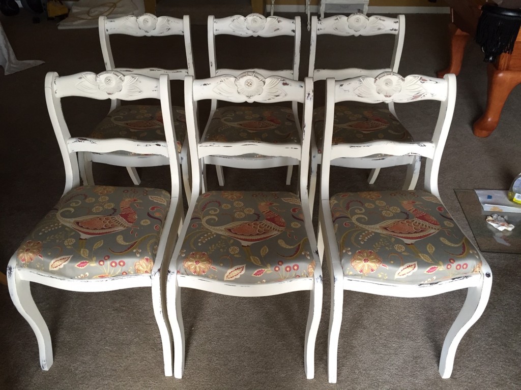 Painted, distressed, reupholstered country chic side chairs